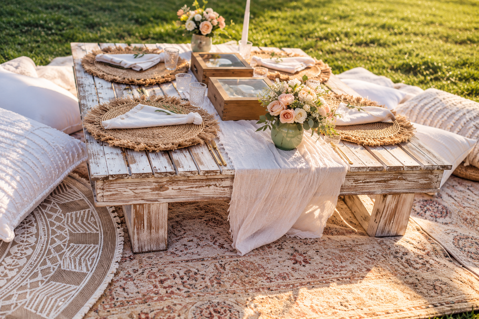 Boho picnic setup with rustic wooden furniture and natural styling