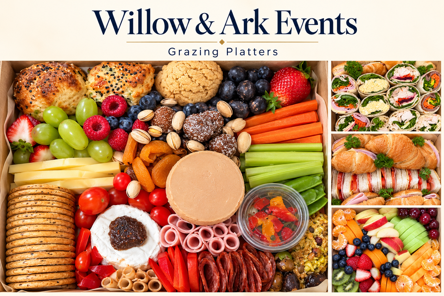 Willow & Ark Events grazing platter with cheeses, meats, fruits and accompaniments